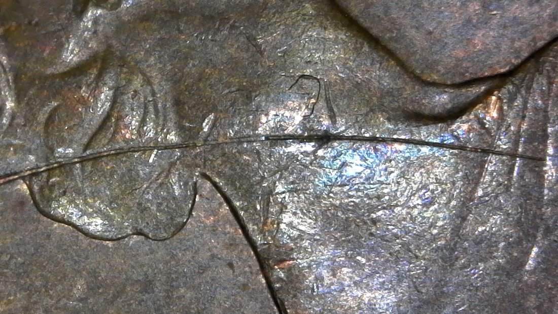 1966-Canadian-Cent-Struck-Through-Partially-Retained-Wire-Found-CRH!